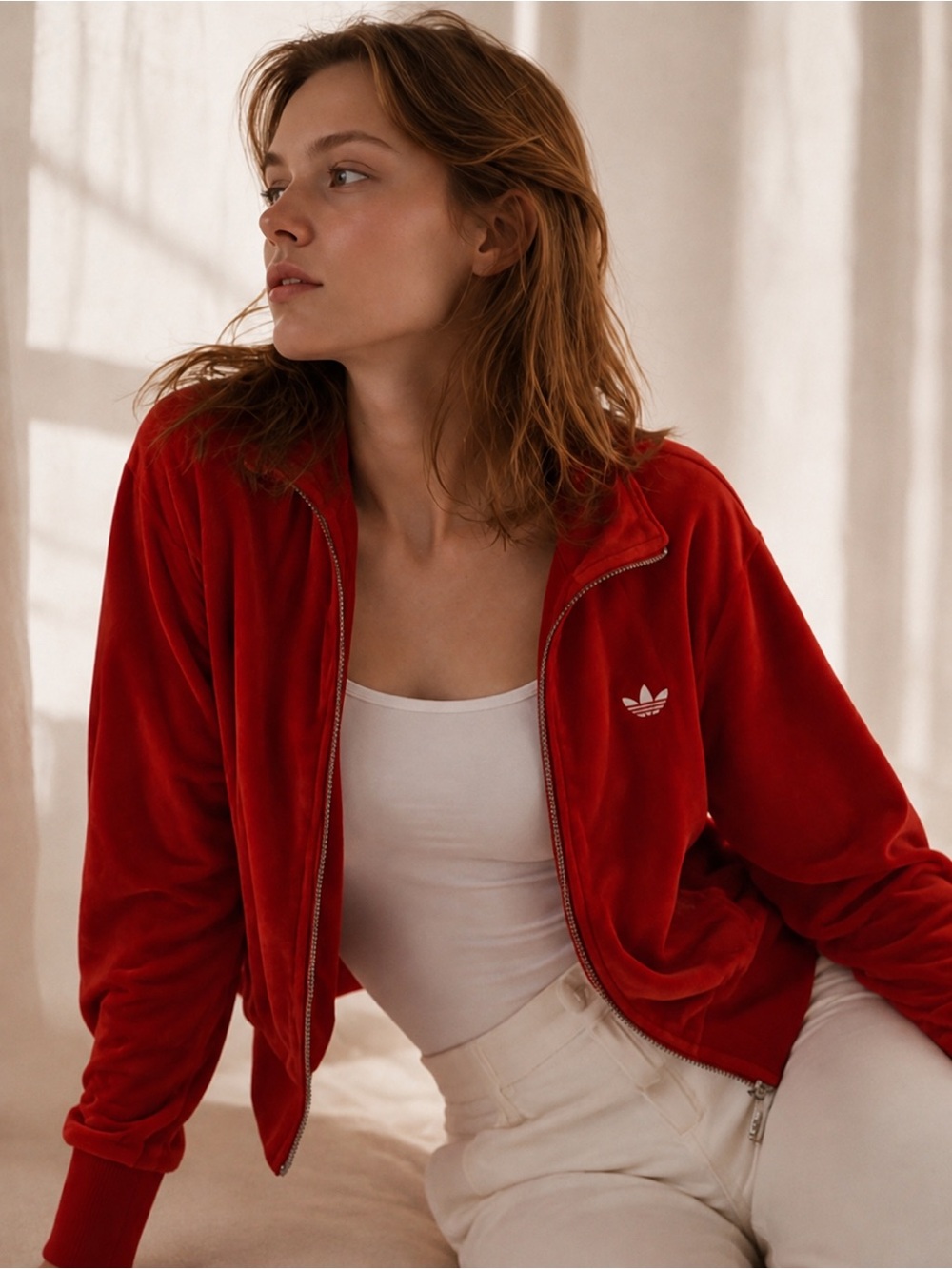 Adidas Originals Red Velour Track Jacket Full Zip Trefoil Logo